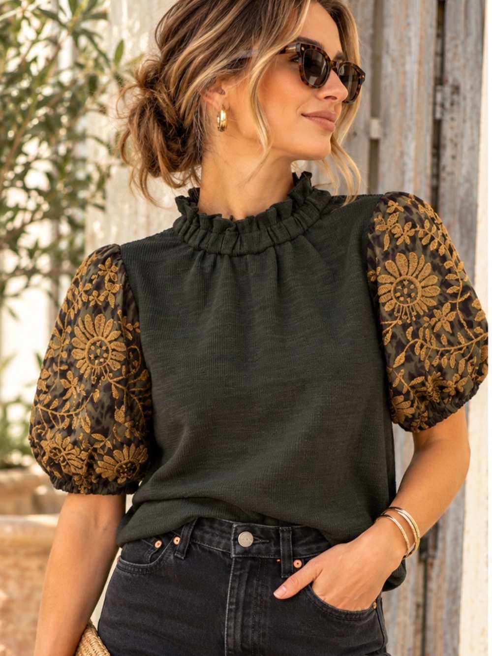 THML Embroidered Puff Sleeve Ruffle Neck Top Green Gold Floral Size Small